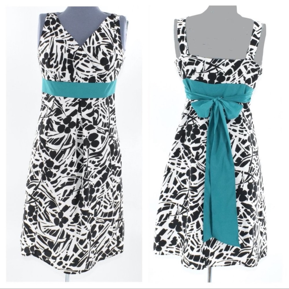 Ann Taylor Black White Abstract Print Dress Teal Waist Bow Tie NWT-0 Petite